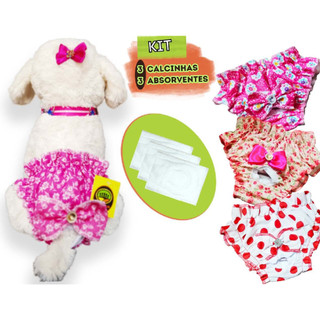 Ki 3 Calcinha Higiênica e 3 Absorventes Roupa Cachorro Pós Cirúrgica Castração Cio