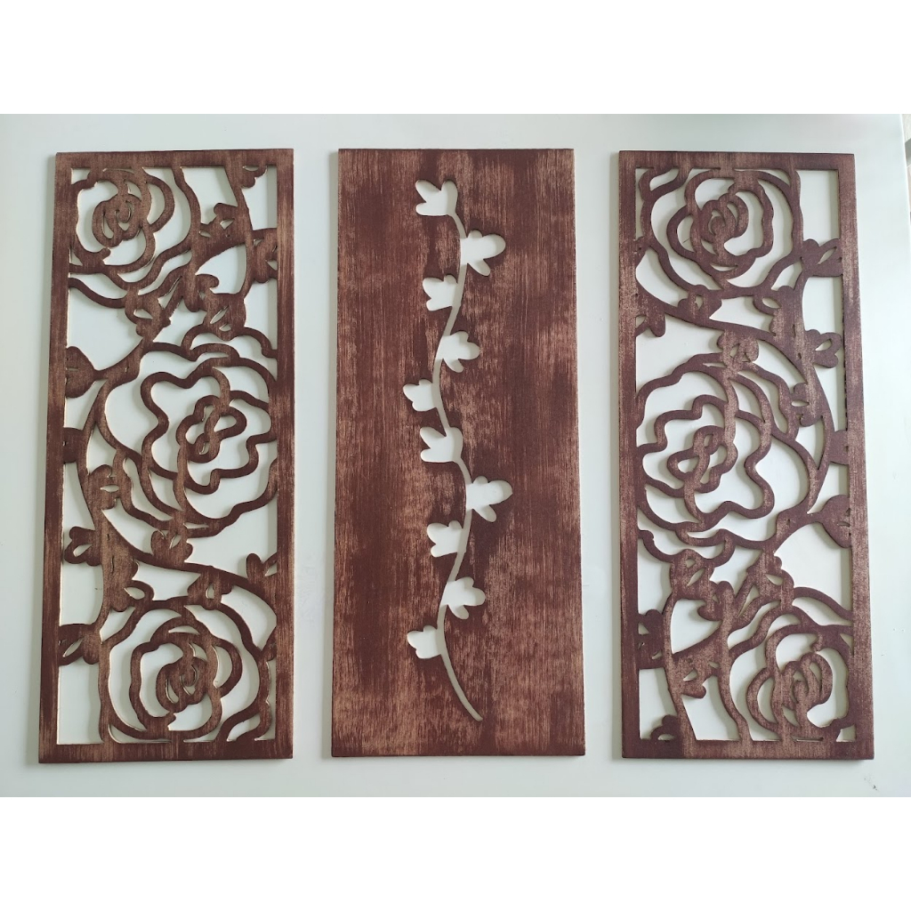 Trio de Quados Floral Marrom Barroco - Decoração Rústica - Quadro Floral em MDF