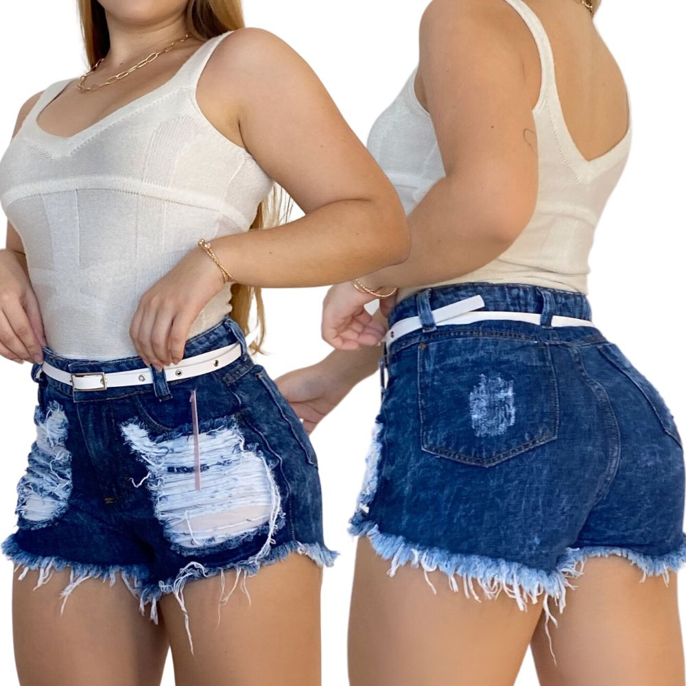 Short Jeans Feminino Cintura Alta Destroyed em Oferta na Shopee