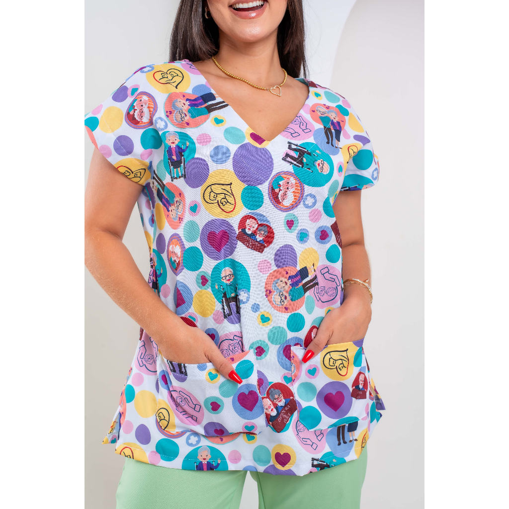 Blusa Bata Scrub Pijama Cirúrgico Estampado - CUIDADORA DE IDOSOS - Medicina, Psicologia, Odontologia, Fonoaudiologia,Enfermagem, Area da Saude