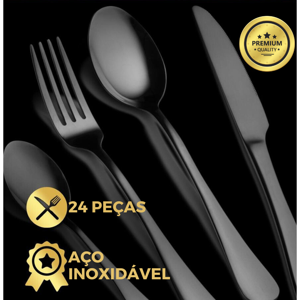 Faqueiro de Luxo Black Jogo Talheres Aço Inox Preto 24 Peças Cozinha Utensílios de Luxo Ja...