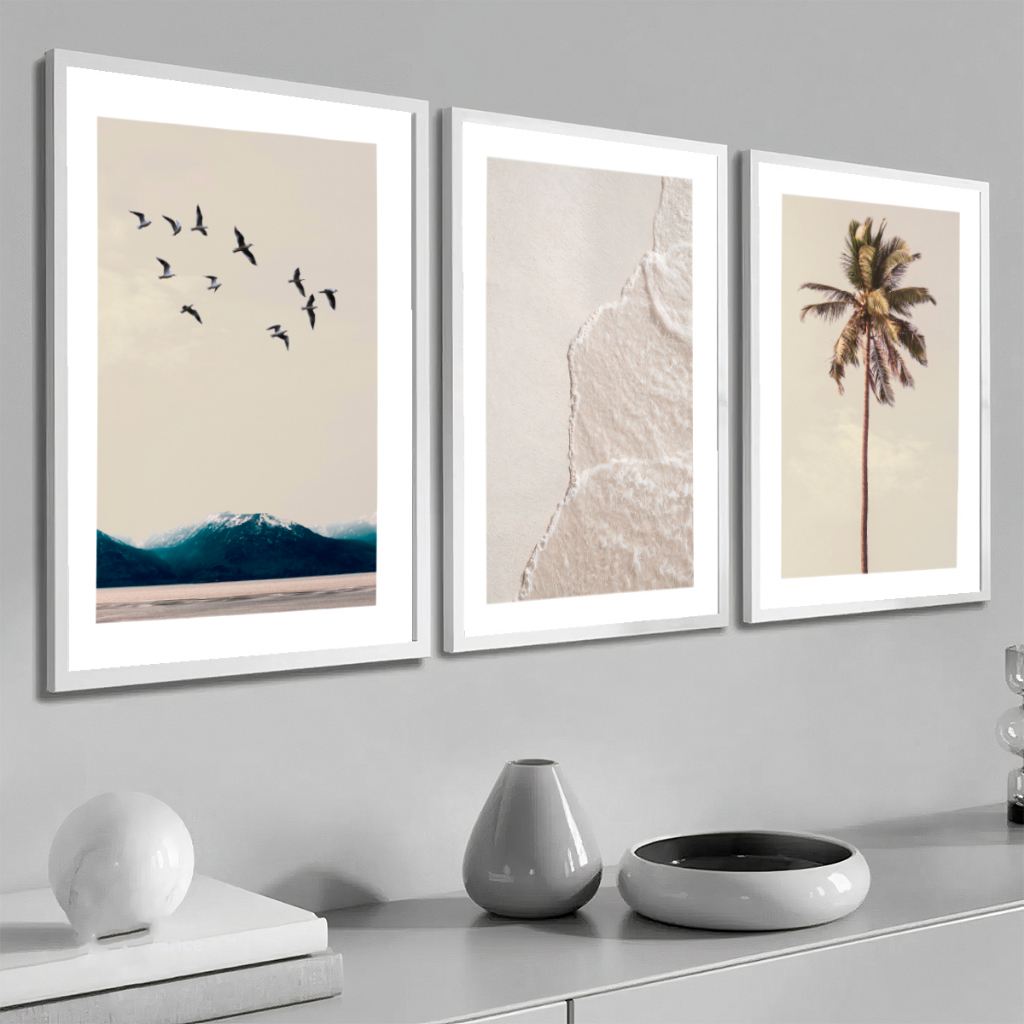 Conjunto Quadros Decorativos Praia Mar Moldura Sala Quarto Hall Recepção