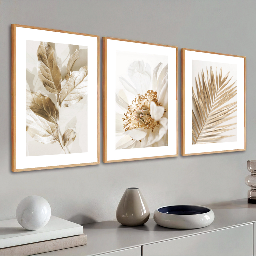 Quadro Decorativo Com Moldura Sala Quarto 40x60 Folhagem Dourada Moderna Líder Molduras