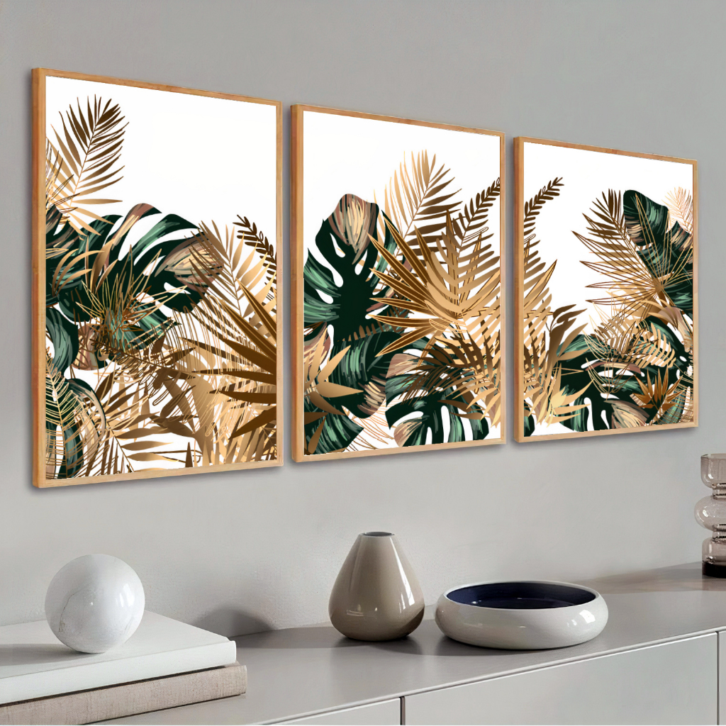 Kit Quadro Decorativo Moderno Sala Grande Moldura Folhagem Dourada