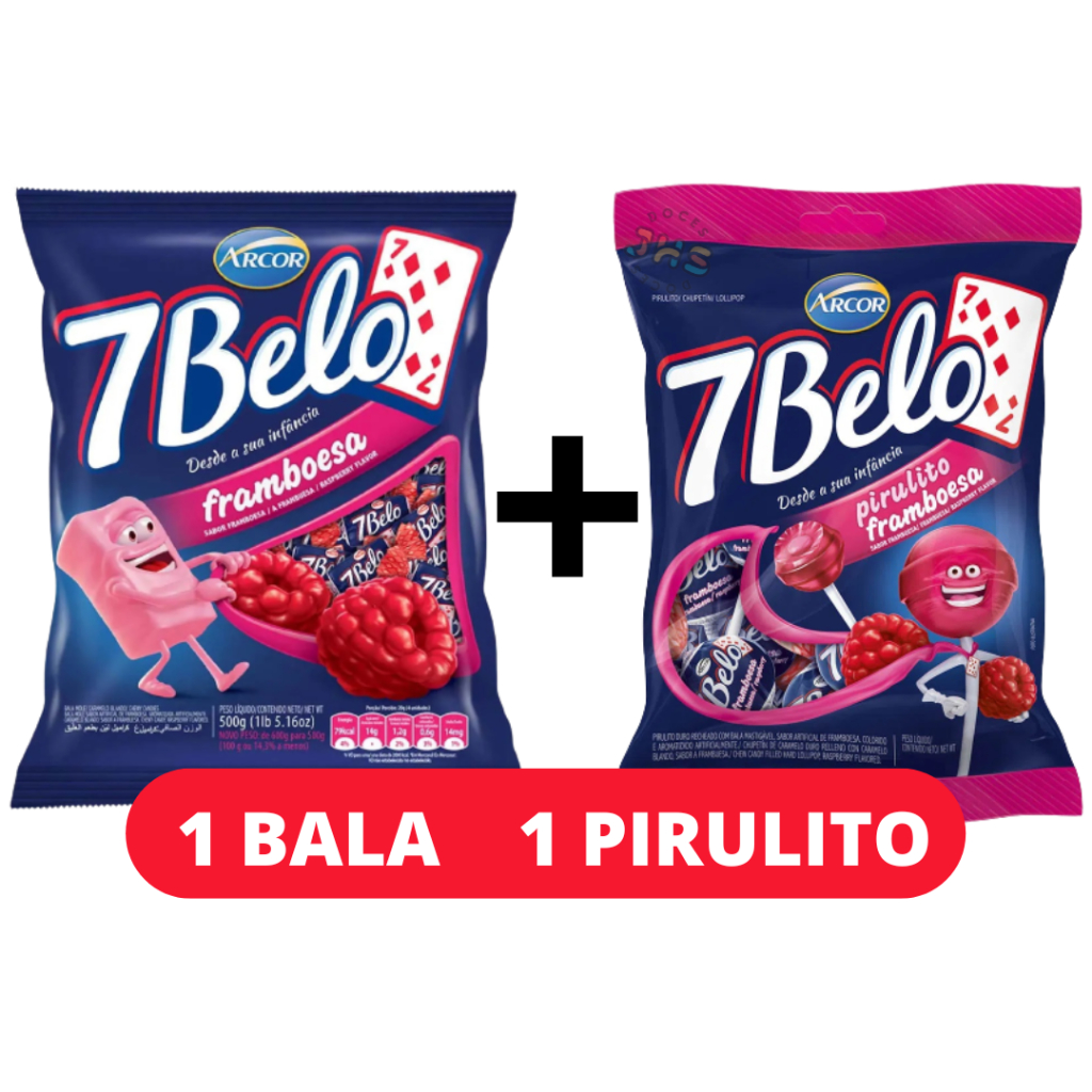 Kit 1 Bala 1 Pirulito 7 Belo Framboesa 500g Arcor sacolinha