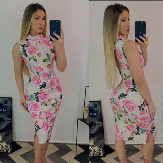 Vestido Midi Gola Alta Cavado Estampado Suplex Moda Evangélica Fenda Lateral