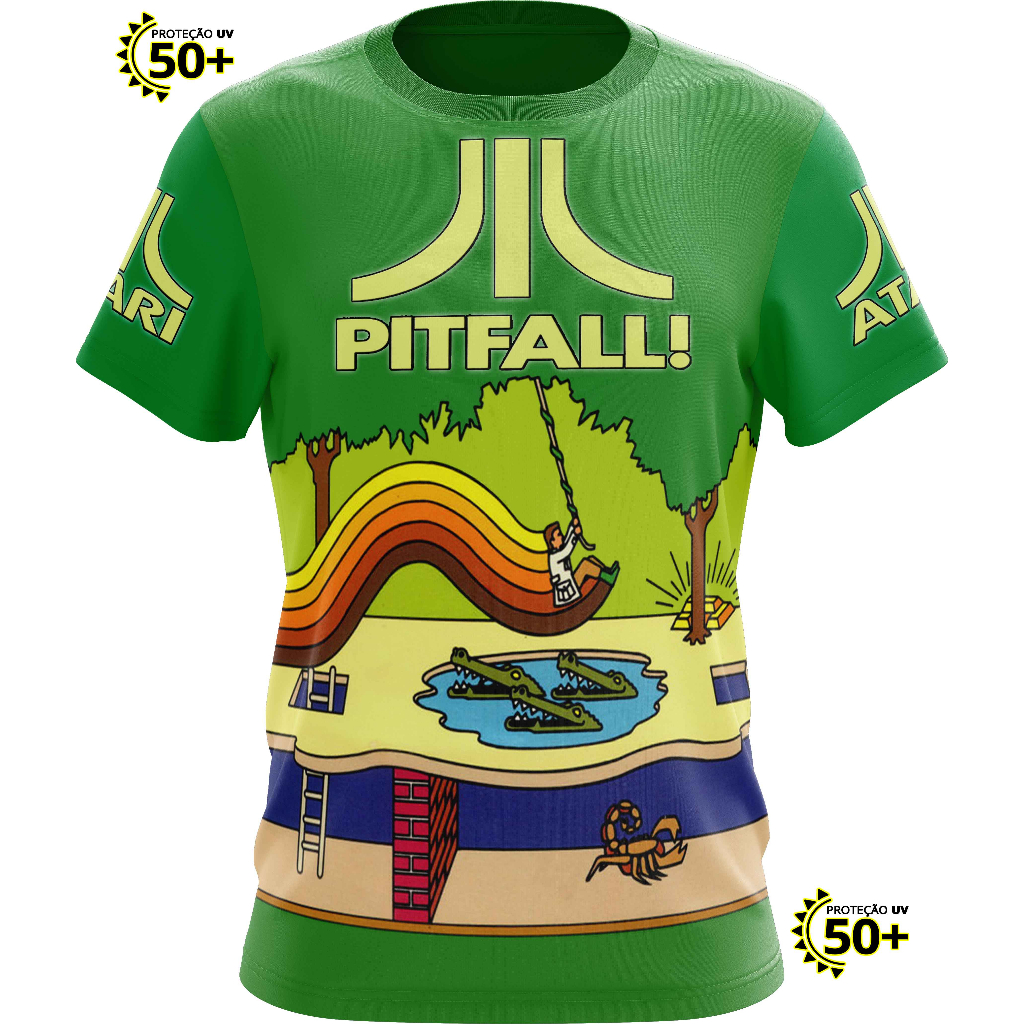 Camiseta Camisa Pitfall Atari Personalizada Sublimada Dry Fit Confortável Adulto e Infantil