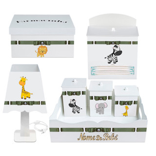 Kit Higiene Bebê com Tema Safari 7 Peças Personalizado com Nome Do Bebê