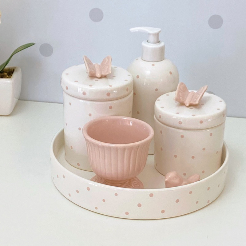 Kit Higiene bebê porcelana borboleta rosa seco