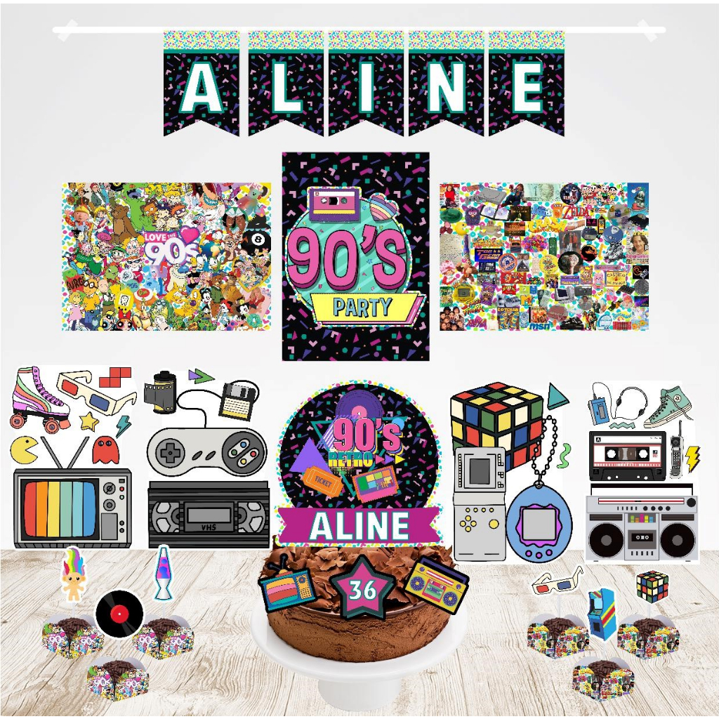 Decoração de Aniversário Kit Festa Anos 90 Personalizada com nome Mod1 em Oferta na Shopee