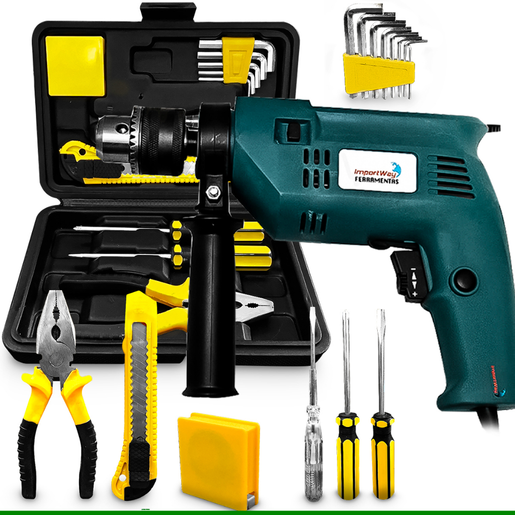 Furadeira Parafusadeira De Impacto Martelete 500W 1/2 Com Kit 11 Peças