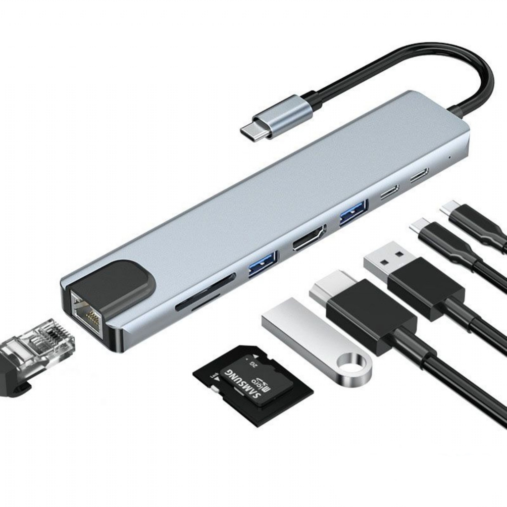 HUB TIPO C 8 EM 1 USB/SD/MICRO SD/RJ45/HDMI espelhamento para macbook ultrabook smartphones EXBOM