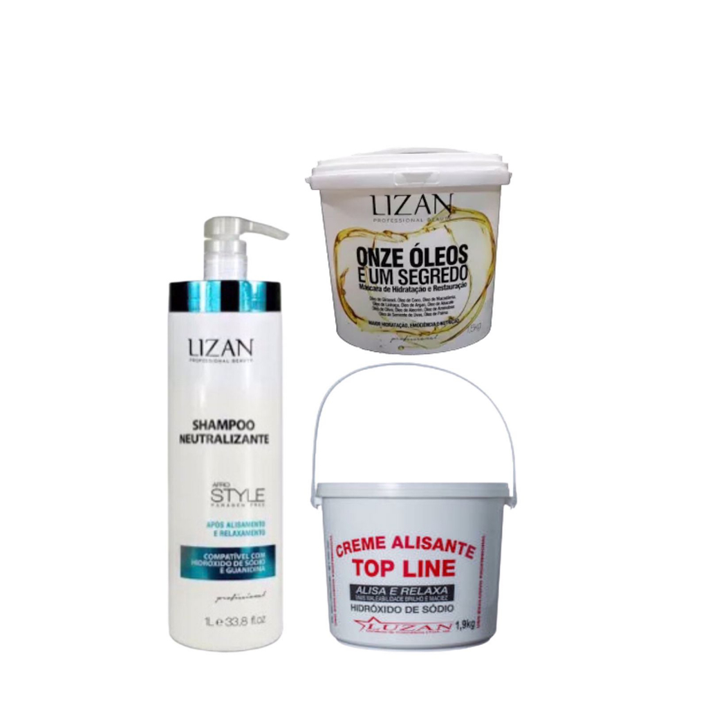Kit 1 Shampoo Neutralizante  Afro - Style 1L, 1 Creme Alisante Top Line  Alisa e Relaxa 1,9Kg, 1  Onze Óleos e Um Segredo Lizan  1,5Kg