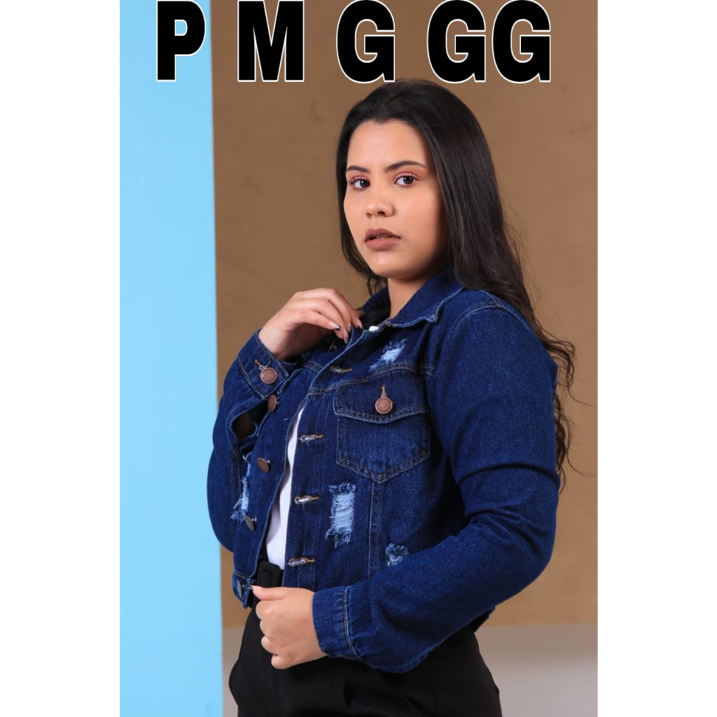 Jaqueta Jeans Feminina Azul Escuro Destroyed Com Botões e Bolsos Tamanhos P M G GG — imagem 2 de 2