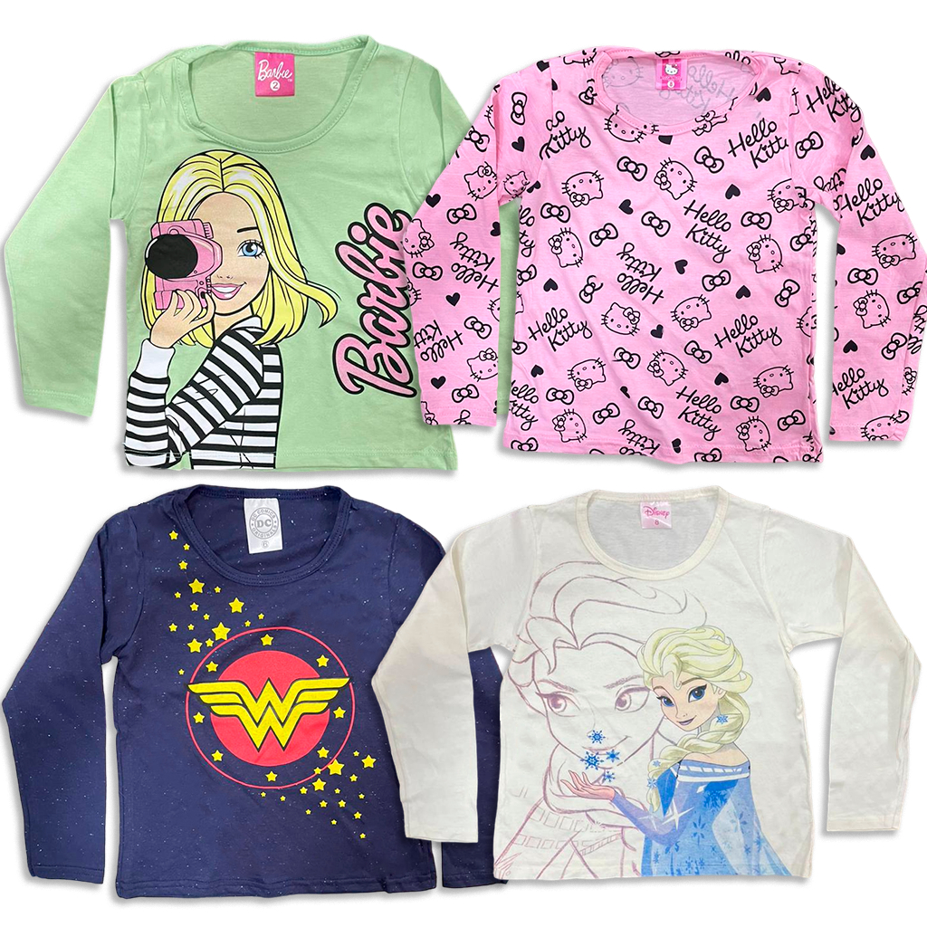 Kit 2 Camiseta Manga Longa Menina Infantil 100% Algodão Estampada Inverno Outono