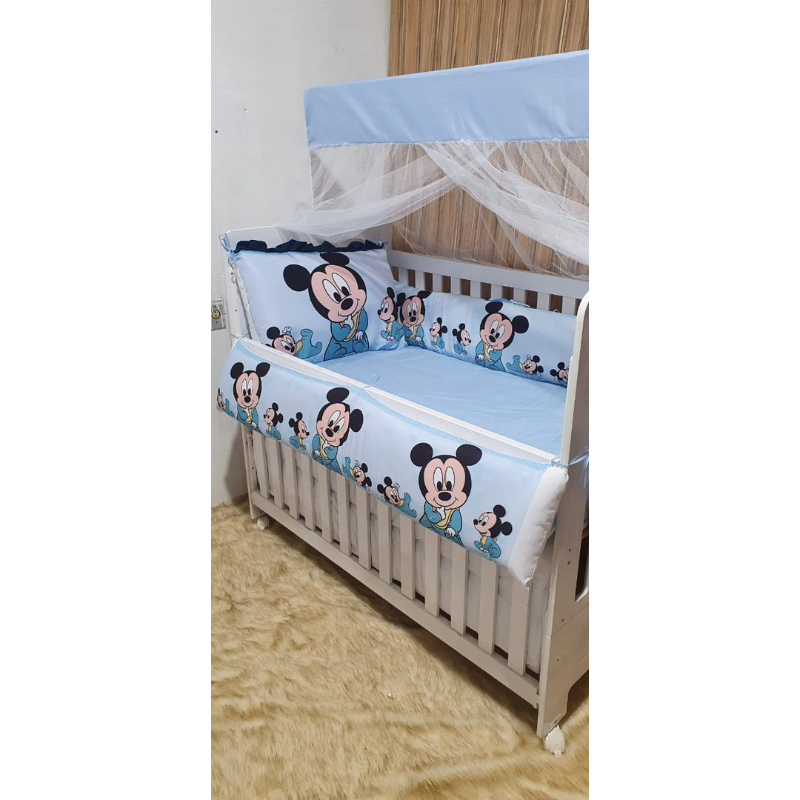 kit mickey luxo para berço padrão americano + cortina mickey azul