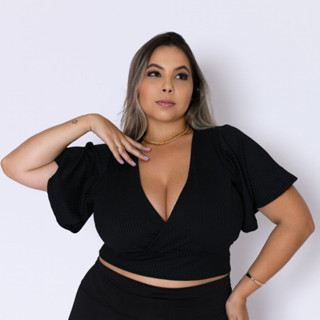 Cropped Canelado Manga Flare Moda Feminina Plus Size