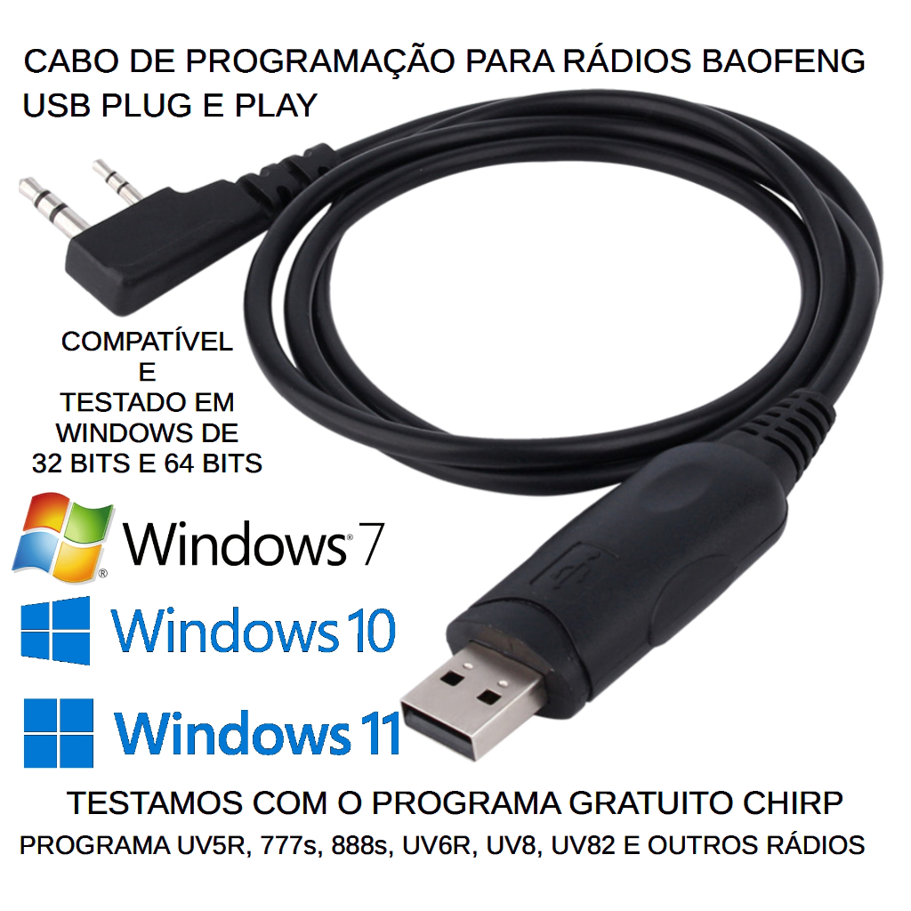 cabo de programação radio quansheng TG-UV2, TG-UV2+, UV-5R Plus, UV-K5, UV-K5(8), UV-K6 baofeng 777s 888s uv5r uv6r uv82 uv8 uv6 m0006 m0007 m0008 walkie talkie para windows 11, 10, 7 Abbree Quansheng BTECH