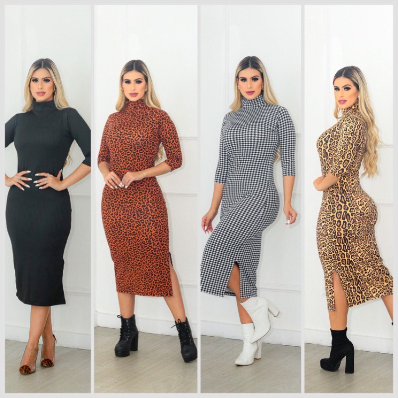 Vestido canelado midi onça sexy preto gola alta Inverno vestido oncinha Festa Casual Moda evangélica