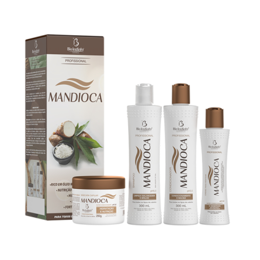 Kit MANDIOCA Shampoo 300ml; Condicionador 300ml; Máscara 250g e leave-in 200ml.