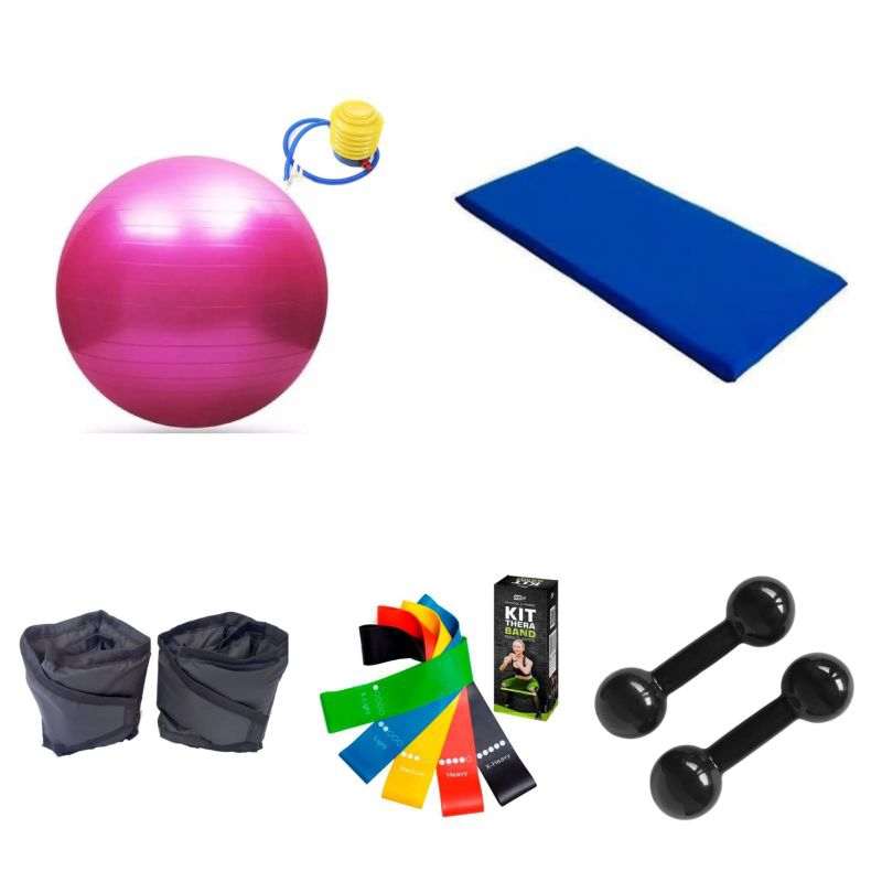 Kit Musculação Halter 2 kg + Caneleira 2 kg + Bola de Pilates 55 cm + Colchonete + Kit Theraband