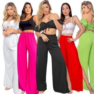 Calça Pantalona Feminina Fendas Laterais Forrada Cordão Cintura Alta Moda mulher dia dos namorados