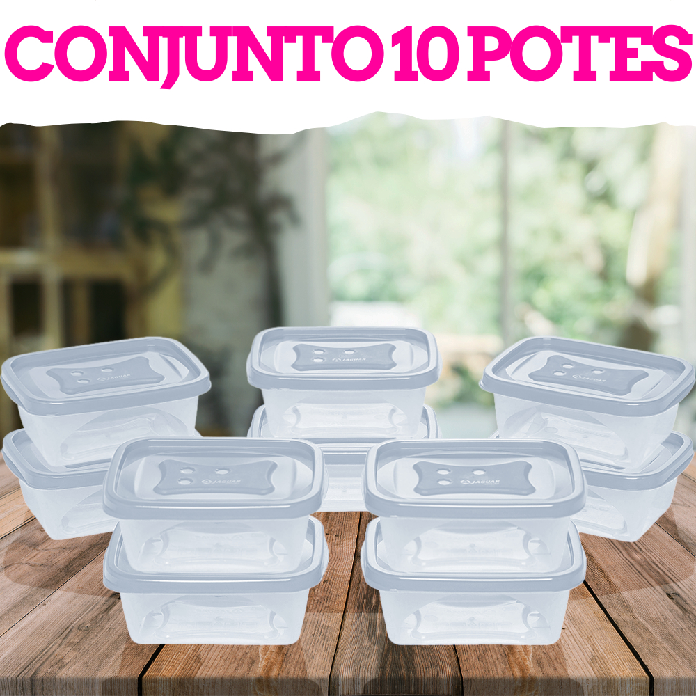 Kit com 10 Potes Plásticos Transparente BPA Free com Tampa para Marmita Mantimentos Cozinha Freezer