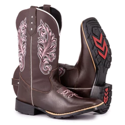 Bota Texana Feminina Country Bico Quadrado Bordada Florzinha