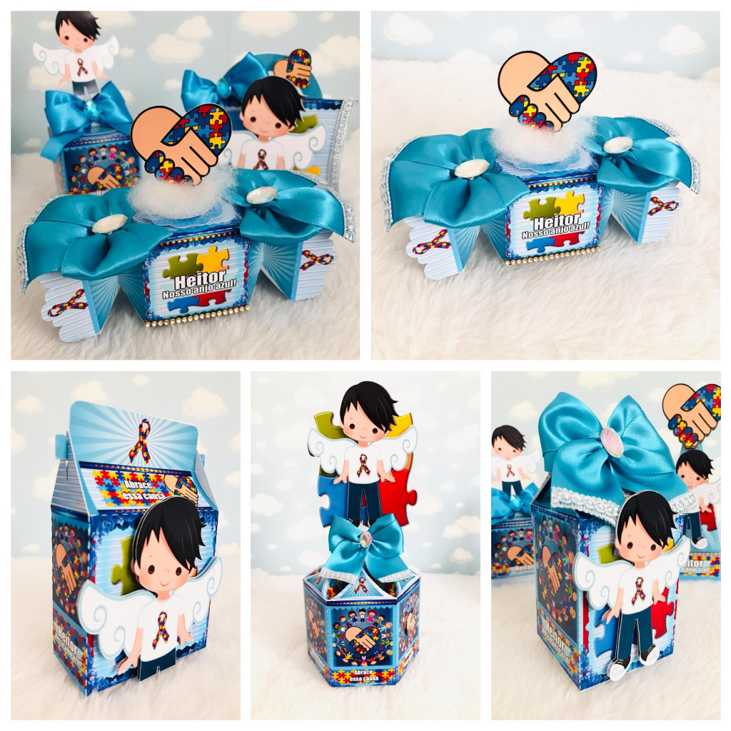 Kit Lembrancinhas Festa personalizada do tema Autismo Autista caixa milk topo de bolo caixa pirâmide caixa sushi com nome e idade