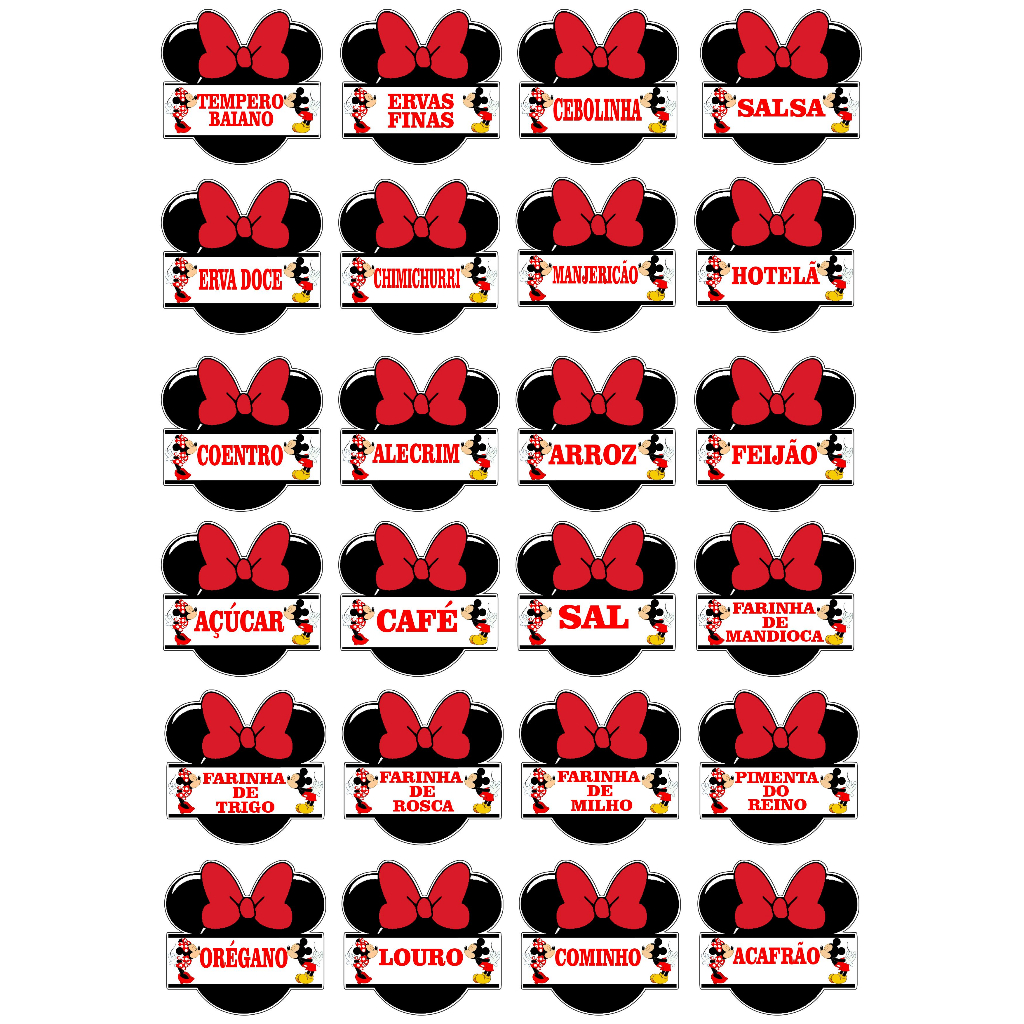Etiqueta Minnie e Mickey Á PROVA D'ÁGUA  C/24 ETIQ. Para potes de tempero e condimentos IMPERDÍVEL