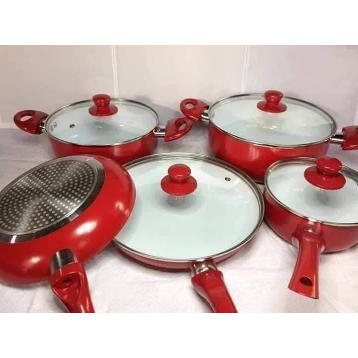 Jogo de Panelas 5 Peças Ceramica + 4 Tampas de Vidro CERAMIC PAN Cor Vermelha