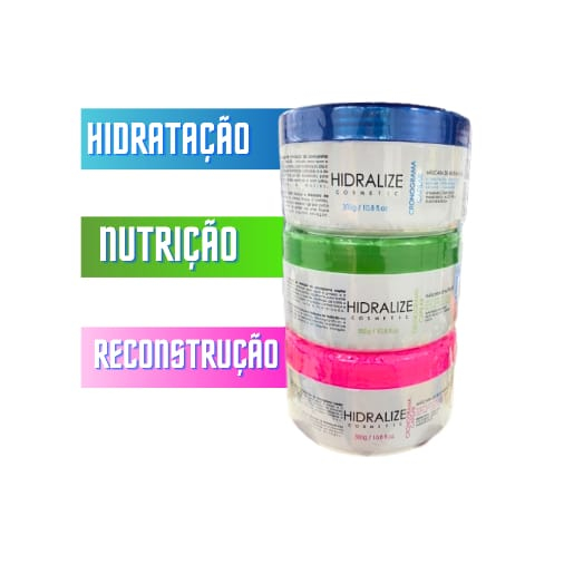 Cronograma capilar, 1 máscara Hidratação, 1 máscara Nutrição e 1 máscara Reconstrução Hidralize.