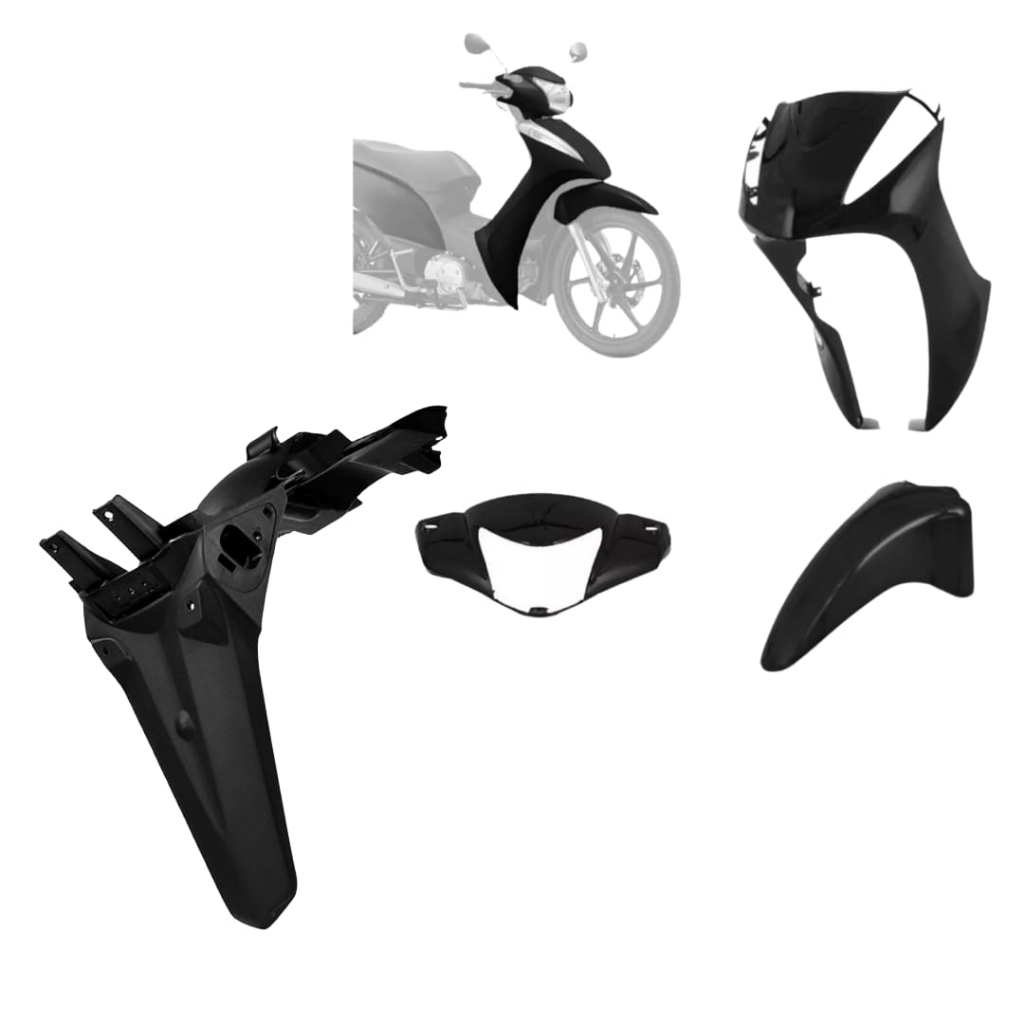 Kit Carenagem biz 110 125 ks Es Biz 125 2011 a 2014 Biz110 2016 Frontal Carenanagem do Farol Paralama Dianteiro e Traseiro Preto Brilhante