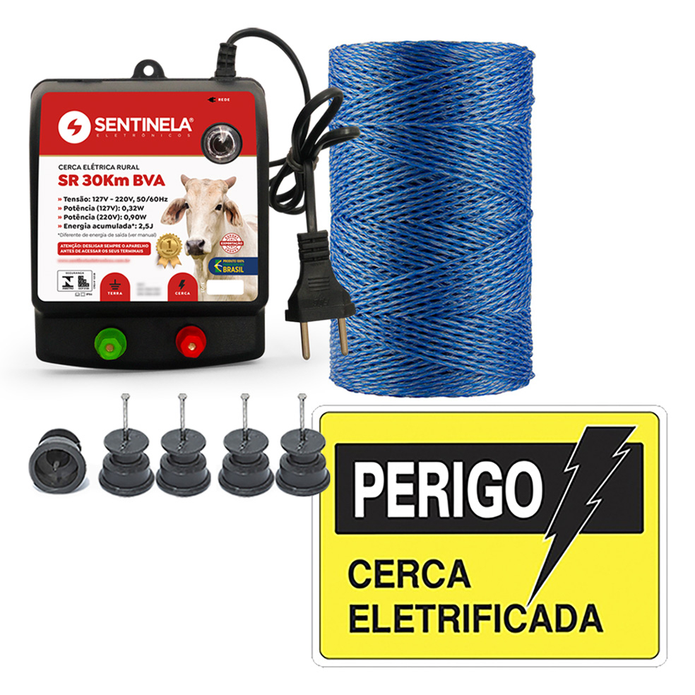 Kit Cerca Elétrica Rural Eletrificador Sentinela SR30 Bivolt 250m Fio Eletroplástico 100 Isolador Roldana e 2 Placas