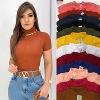Blusa Feminina Canelada Gola Alta Manga Curta Blogueira