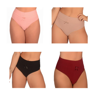 Kit com 4 Calcinhas com Cós Alto Duplo de Algodão Cintura Alta Pós Parto Lingerie Feminina Confortável Maternidade Calçola Grávida Gestante Roupa Íntima Reduz Barriga Lisa Básica Calsinha Gestação Senhora