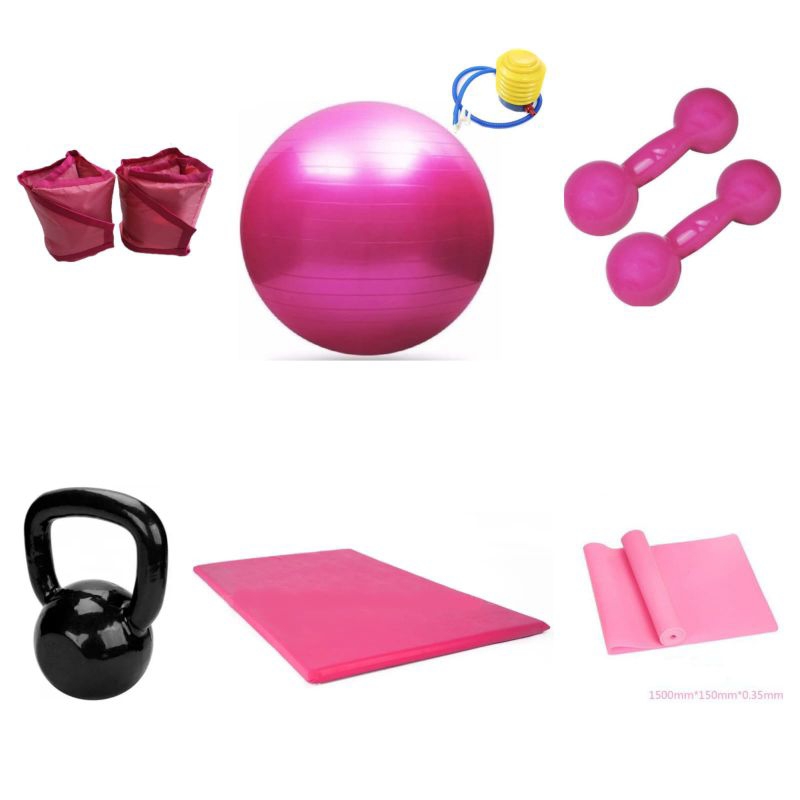 Halter 2 kg + Caneleira 2 kg + Ketllebel 4 kg + 2  Elásticos 1.5 cm + Bola de Pilates 55 cm + Cochonete