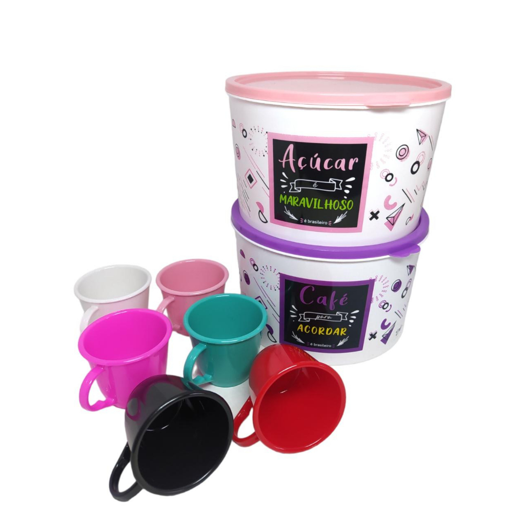Conjunto 8 peças Cantinho do café Promoção 2 potes em plástico café e açúcar 2 L e 6 xícaras de acrílico 85 ml