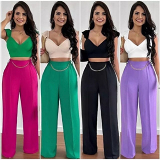 Calça Pantalona Tecido Duna Com Corrente Veste M, G, GG