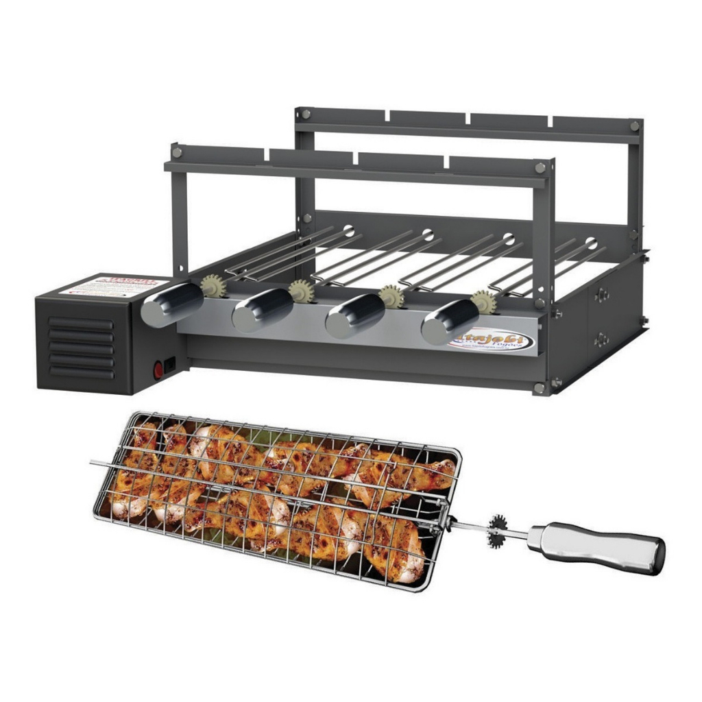 Churrasqueira Grill Giratória 4 Espetos Pintada Com Espeto Grelha Motor WEG Bi-volt Potência de 1/30 HP 1550 RPM