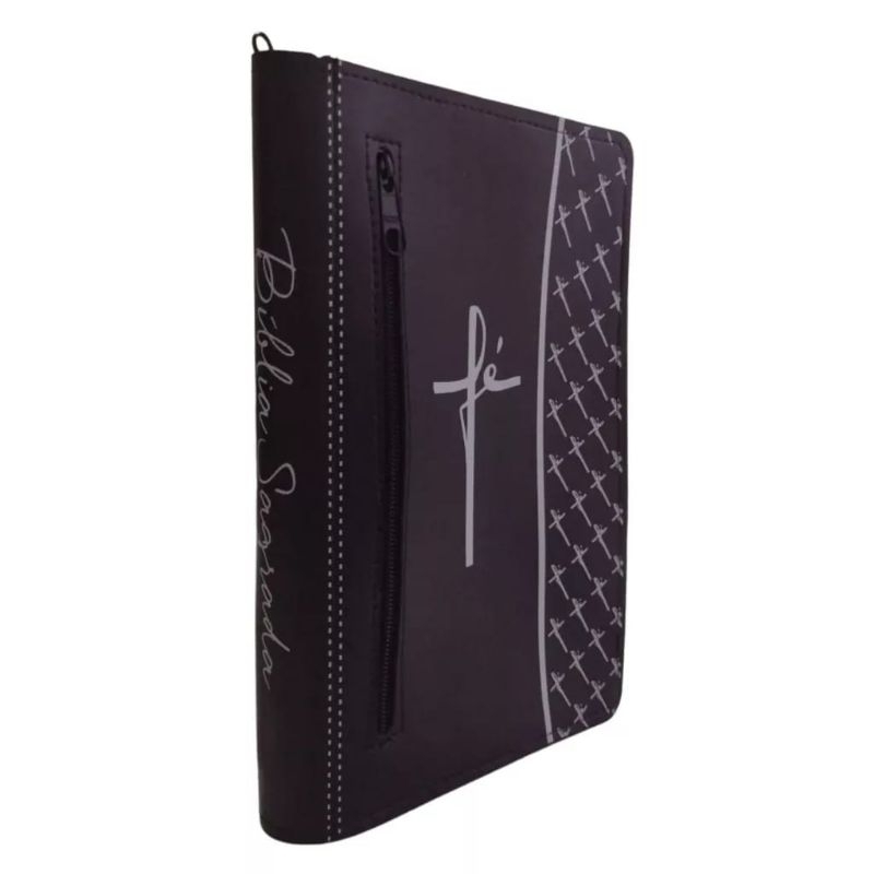 Capa para Bíblia Sagrada com zíper bolso externo fé rosa, preto. — imagem 2 de 2