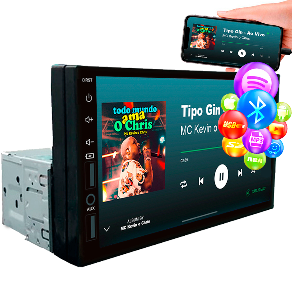 Central Multimídia Mp5 Player Bluetooth Fm Usb 7 Pol 1 Din 2 Din