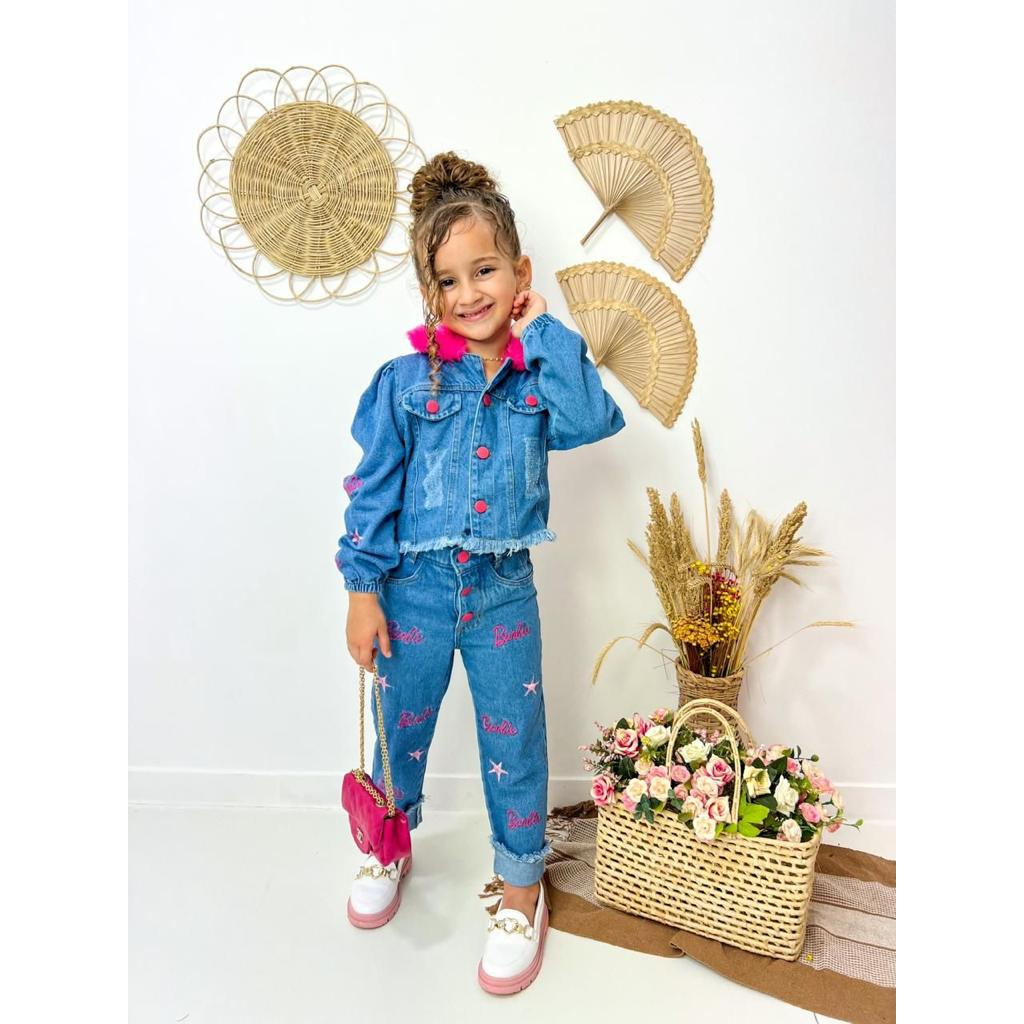 Conjunto Inverno Calça + Jaqueta Jeans Luxo Moda Infantil Diva Modelo Agasalho Confortável Menina