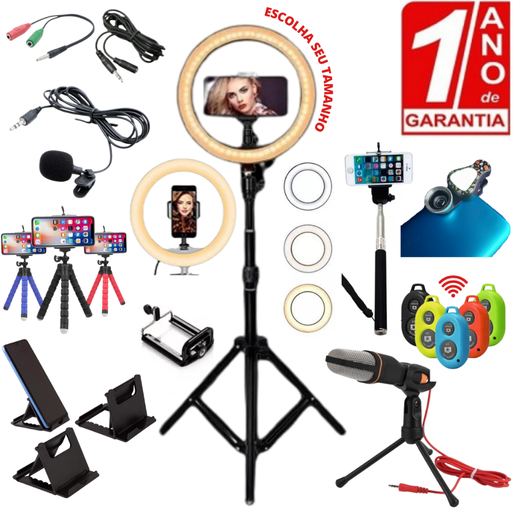 Kit Youtuber Podcast Profissional Ring Light Normal e Colorida RGB Tripé Pedestal Celular Microfone de Mesa