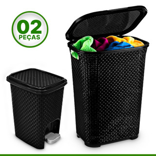 Kit Cesto de Roupa Rattan c/ Tampa e Alça Basculada 50Lts Lixeira 7 lts Rattan Preta ARQPLAST