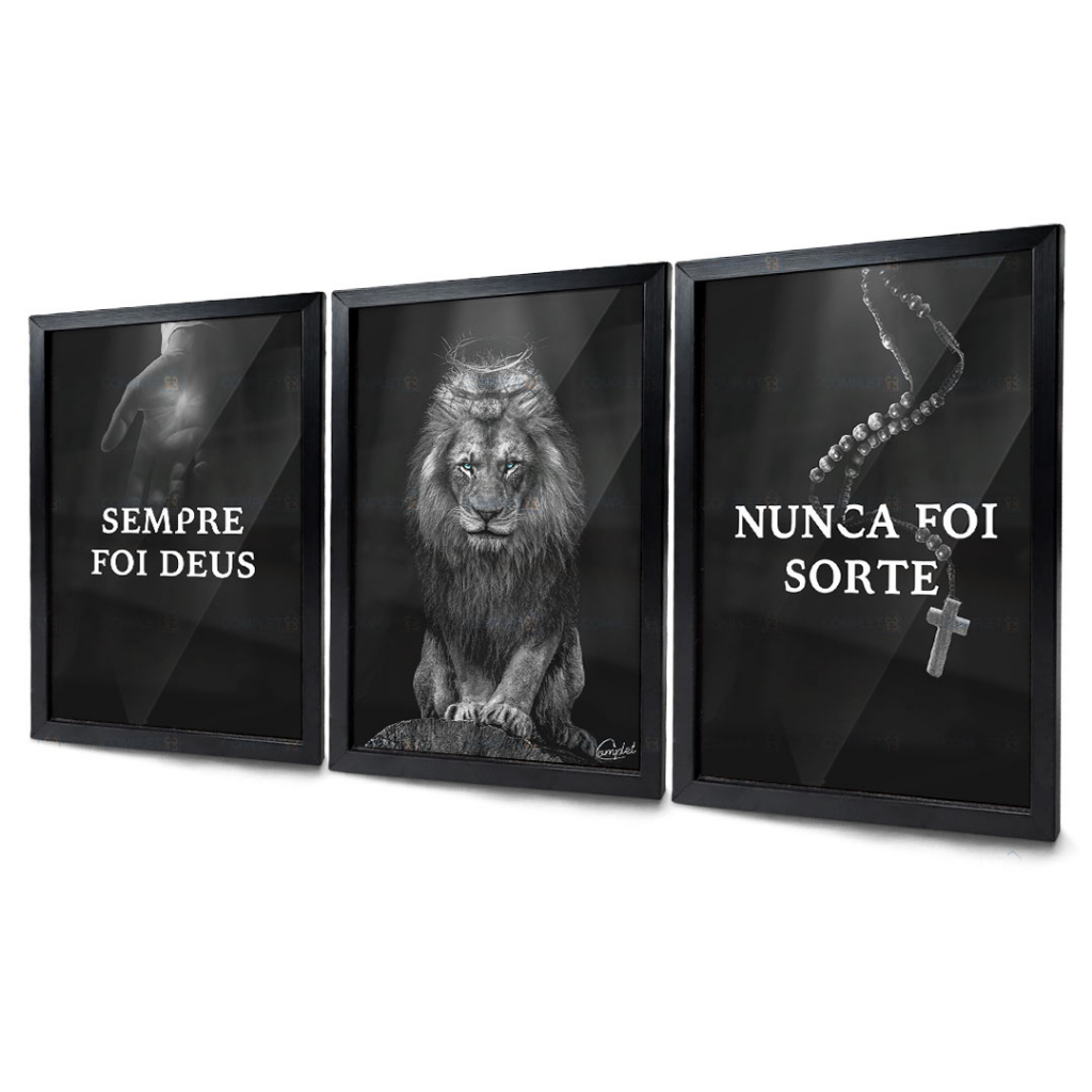 Quadros Religioso Leão Com Frase Nunca Foi Sorte Sempre Foi Deus Preto e Branco Moldura e Vidro