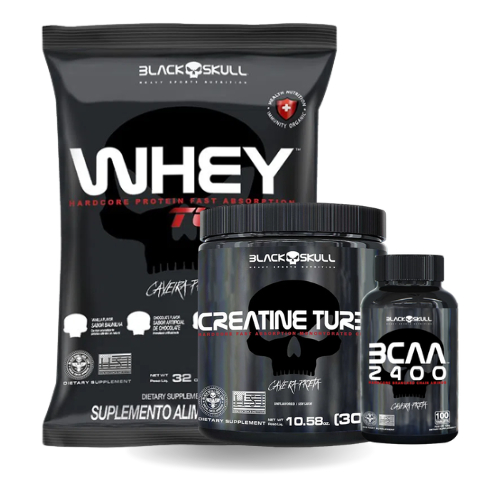 Kit Massa Muscular - Whey Protein turbo 907g + Creatina Monohidratada Turbo 150g + BCAA 2400 30 Cápsulas - Black Skull