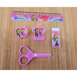 Kit Escolar 5pçs Infantil Decorado Régua, Tesoura,  Borracha,  Apontator e Clips de Papel