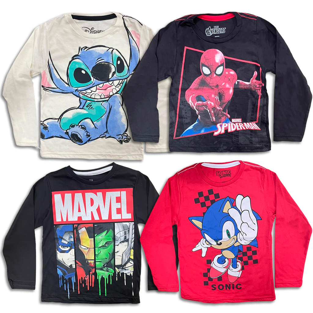 Kit 2 Camiseta Manga Longa Menino Infantil 100% Algodão Estampa Heróis Desenhos Inverno