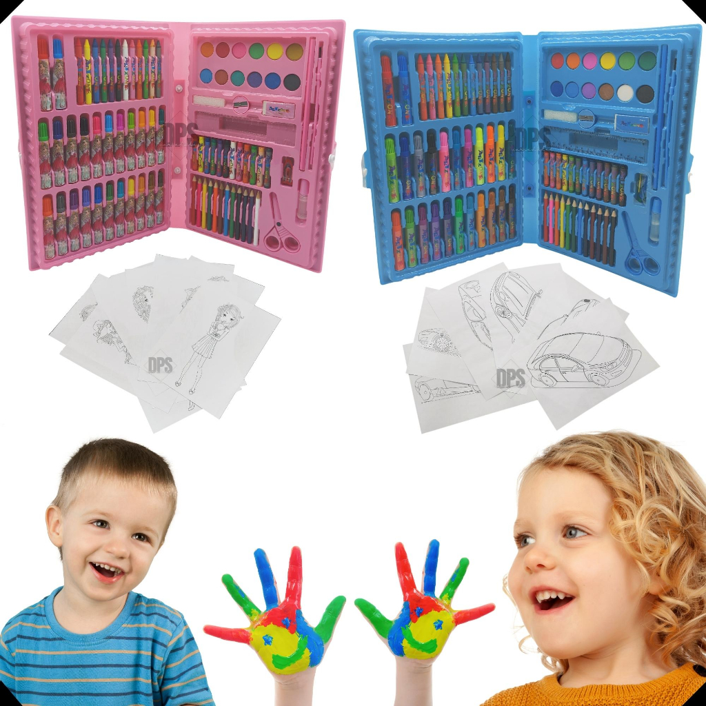 Estojinho Maletinha Escolar Kit Pintura Infantil 86 Peças Tinta Aquarela Desenhos Colorir Presente